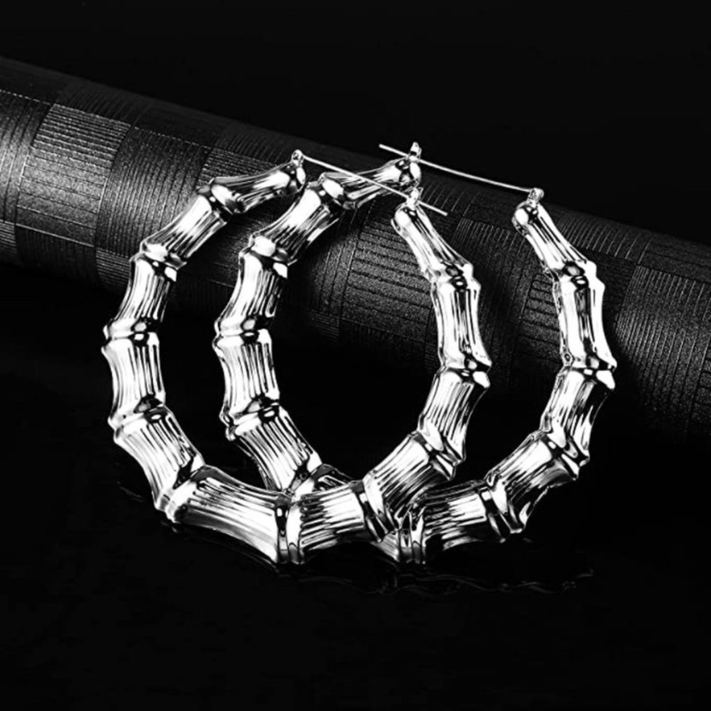 Bamboo Style Silver Hoop Dangle Drop 3.5” Length Fashion Earrings.